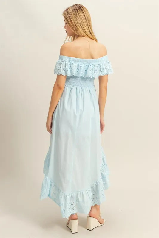 Image of HYFVE High-Low Eyelet Ruffled Off-Shoulder Dress | Queeble.shop