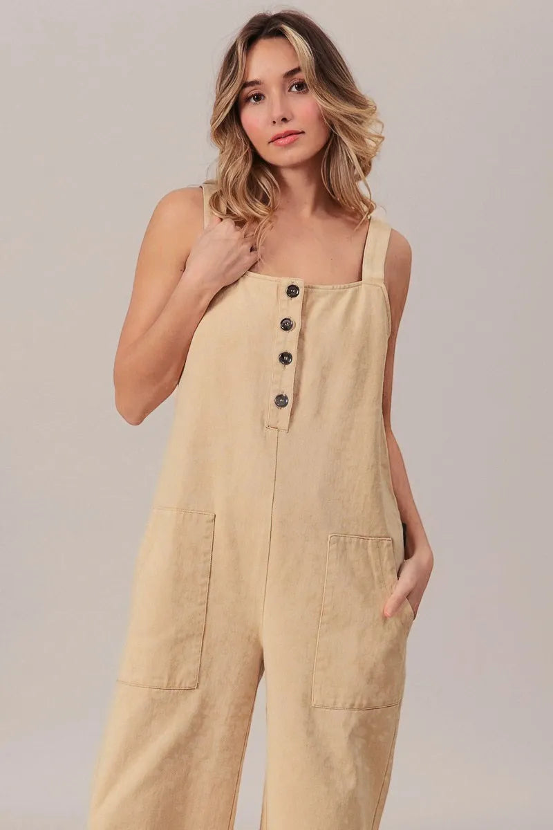 Image of BiBi Washed Denim Buttoned Overall Jumpsuit | Queeble.shop