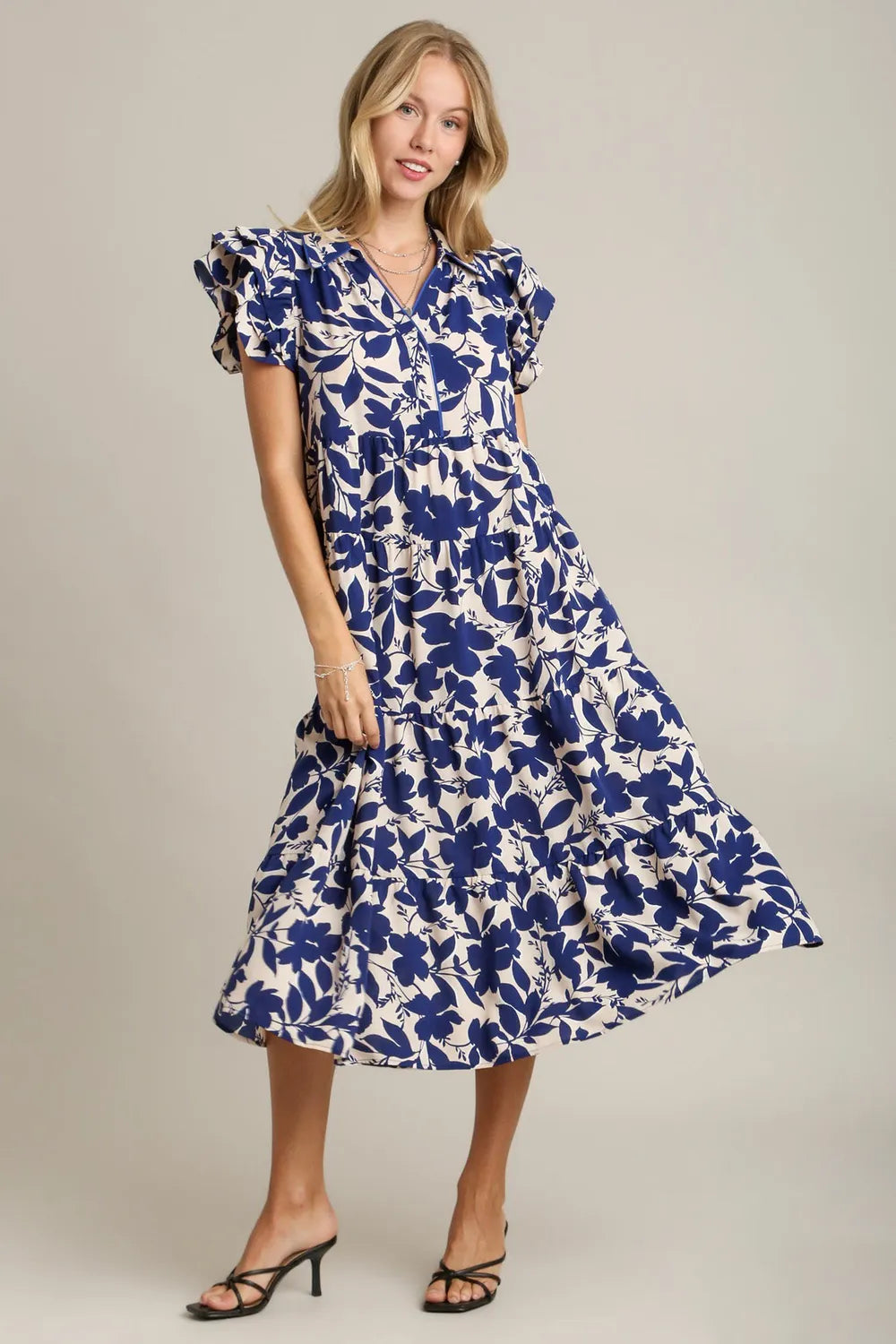 Image of Umgee Full Size Floral Collared Ruffle Cap Sleeve Midi Dress Plus Size | Queeble.shop