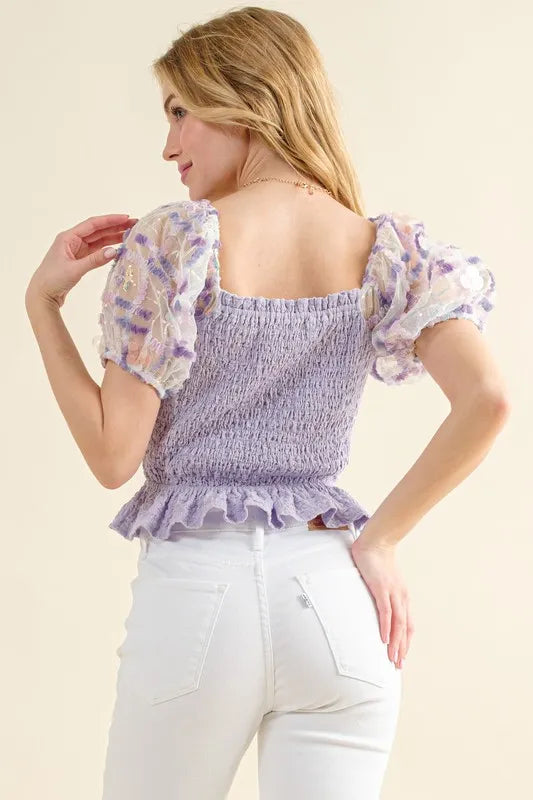Image of And The Why Embellishment Sleeve Smocked Top | Queeble.shop