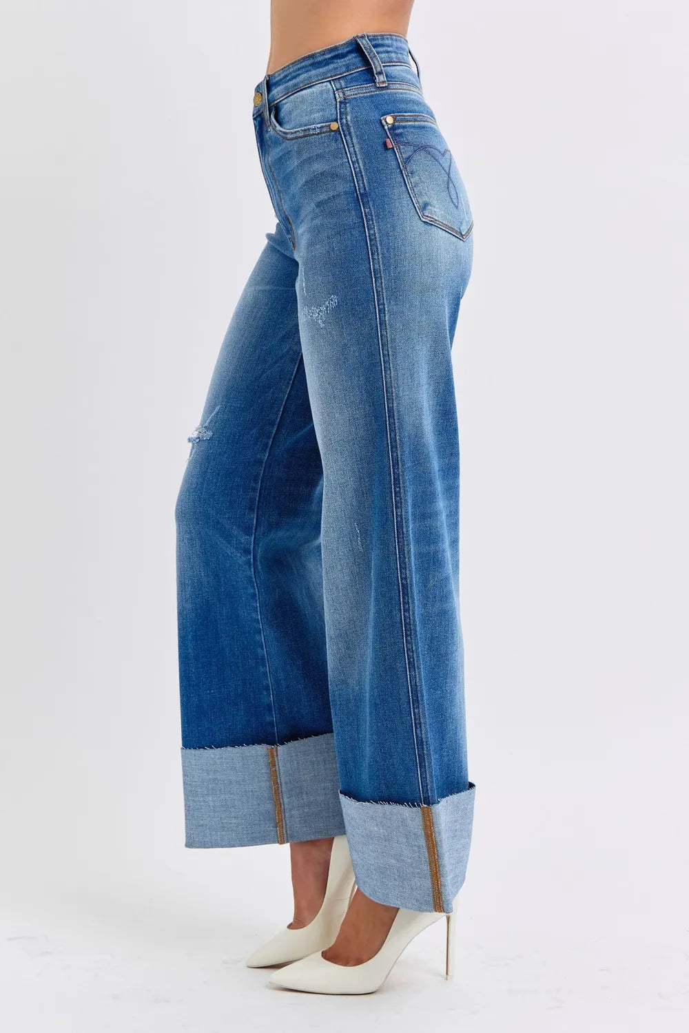 Image of Judy Blue Full Size Distressed High Waist Wide Leg Jeans | Queeble.shop