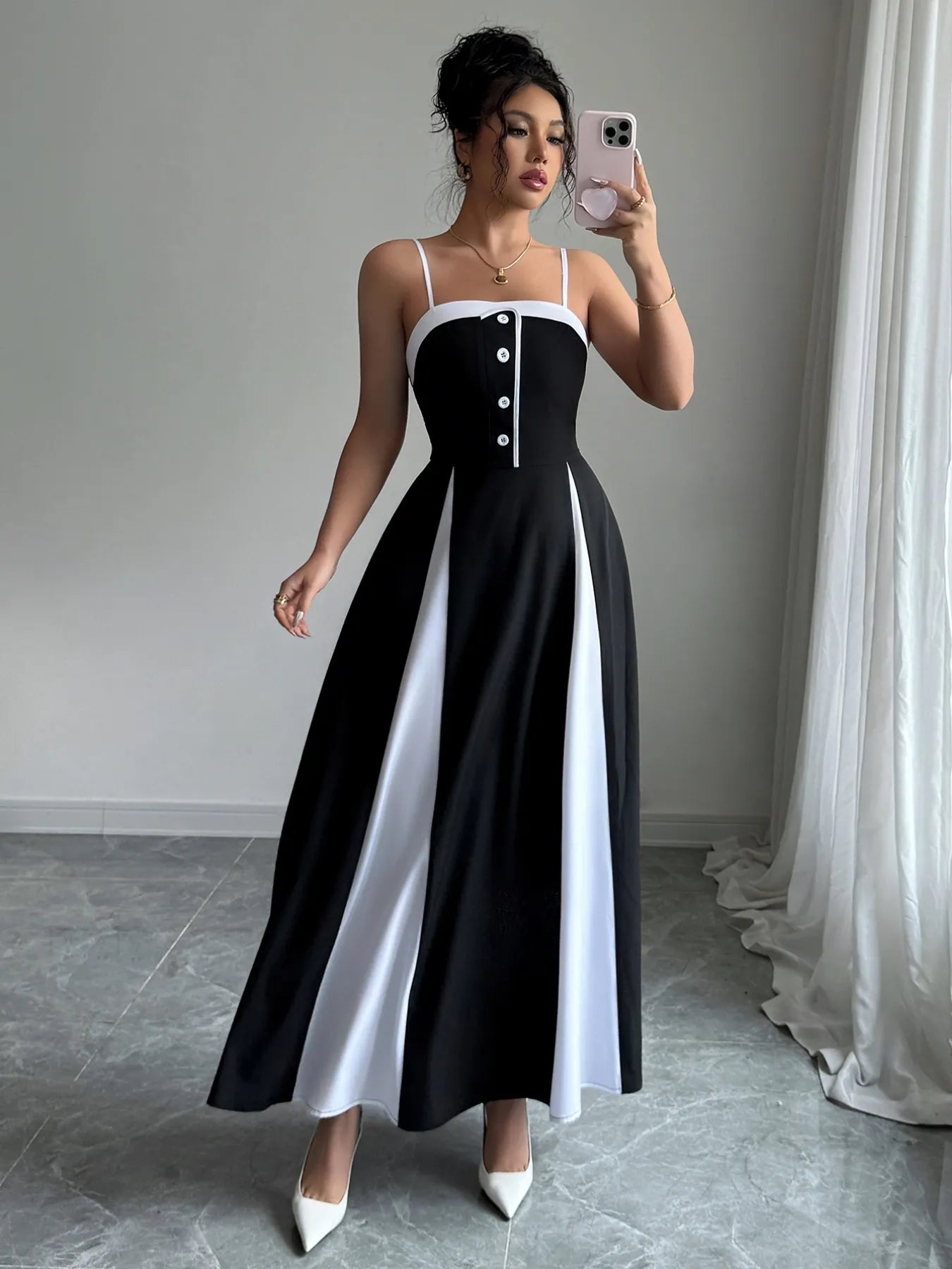 Image of Decorative Button Contrast Maxi Cami Dress | Queeble.shop