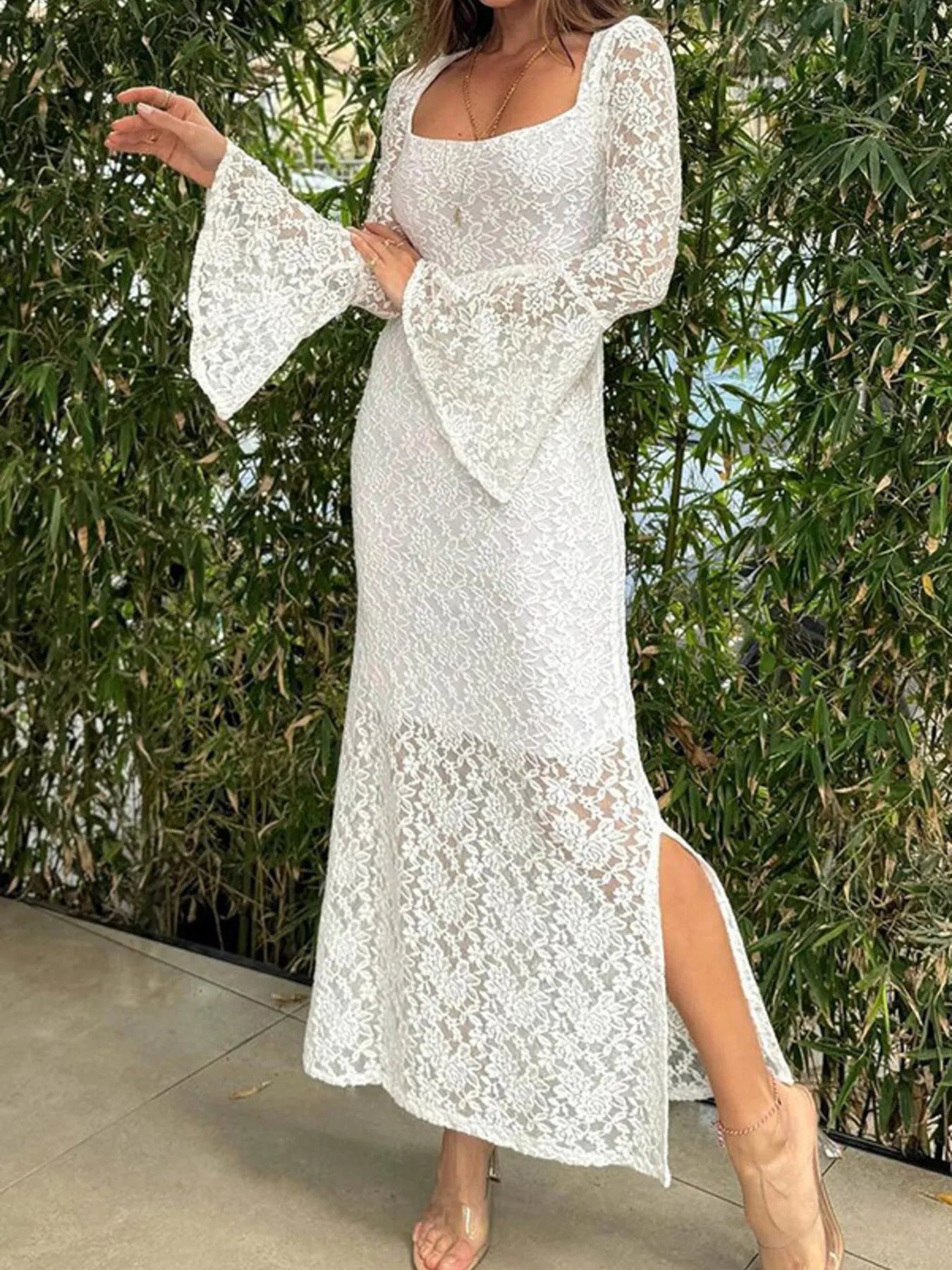 Image of Lace Bell Sleeve Square Neck Bodycon Dress | Queeble.shop