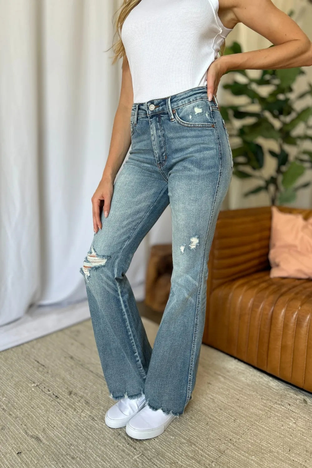 Image of Judy Blue Full Size Medium Rise Tummy Control Destroy Flare | Queeble.shop