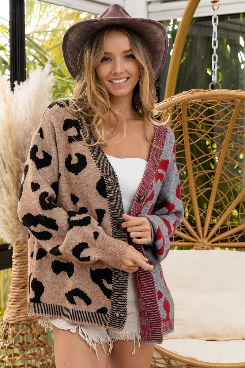 Image of BiBi Leopard Color Block Button Down Sweater Cardigan | Queeble.shop