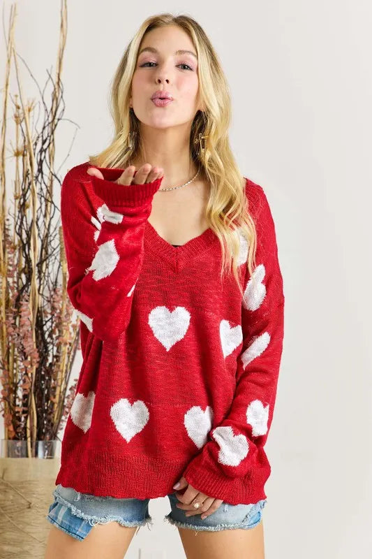Image of ADORA Full Size Heart V-Neck Knit Top Plus Size | Queeble.shop