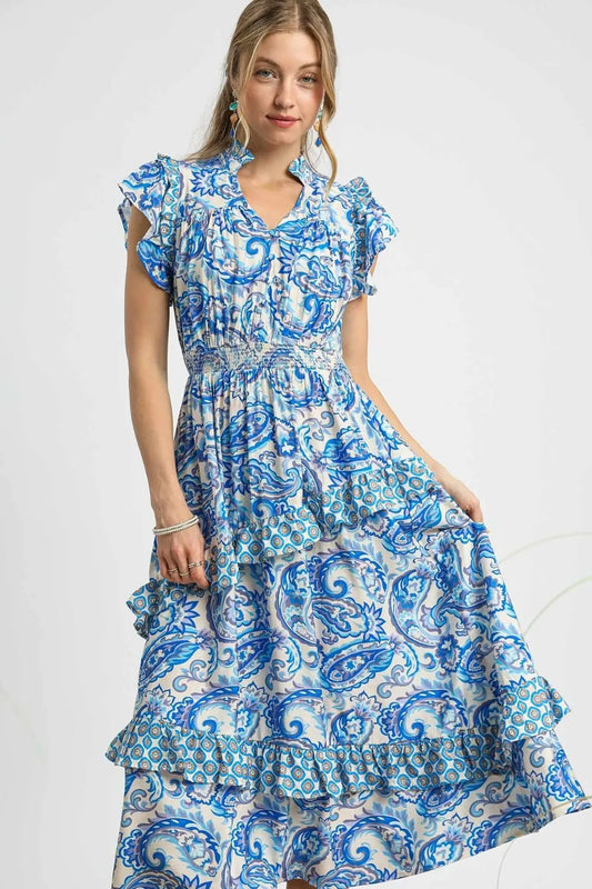 Image of Umgee Paisley Print Ruffle Sleeve Midi Dress | Queeble.shop