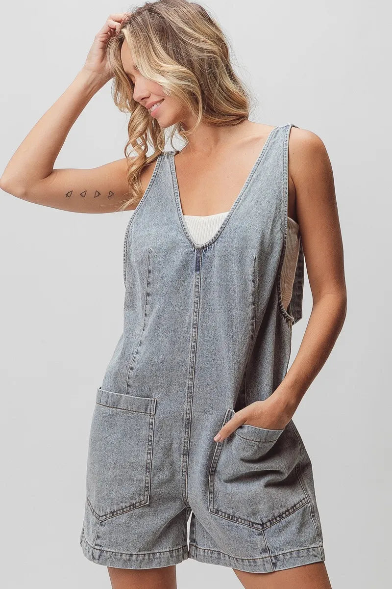 Image of BiBi Patch Vintage Washed Denim Shortall | Queeble.shop