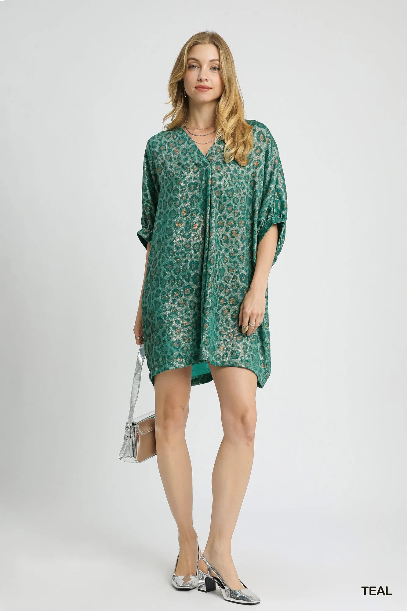 Image of Umgee Metallic Leopard Print V-Neck Kimono Dress | Queeble.shop