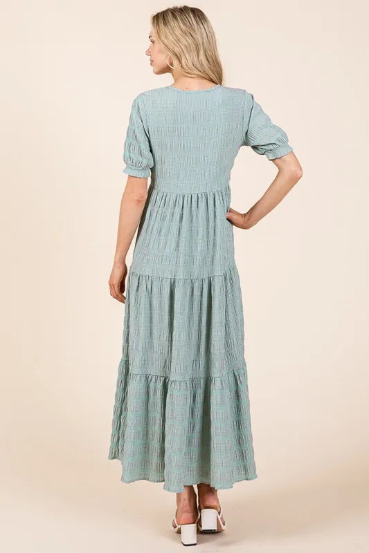 Image of BOMBOM Textured Short Sleeve Tiered Dress | Queeble.shop