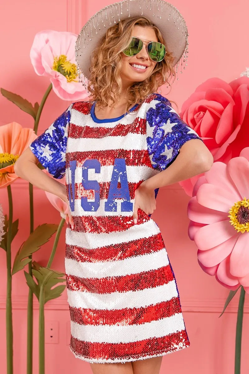 Image of BiBi American Flag Theme Usa Print Sequin Dress | Queeble.shop