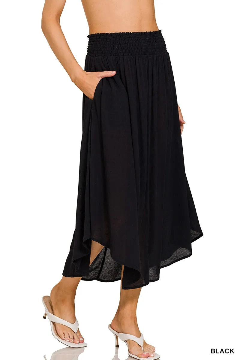 Image of Zenana Woven Crinkle Smocked Waist Maxi Skirt W Pockets | Queeble.shop