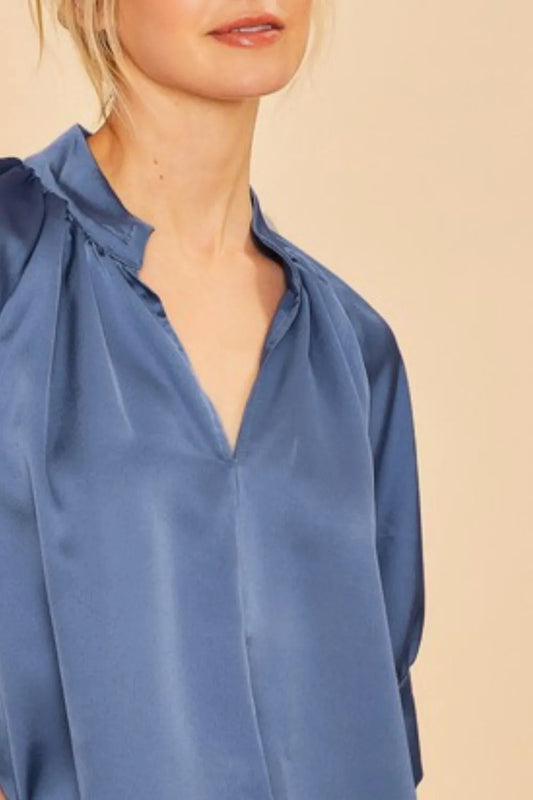 Image of Annie Wear Satin V Neck Open Short Sleeve Woven Blouse Top | Queeble.shop