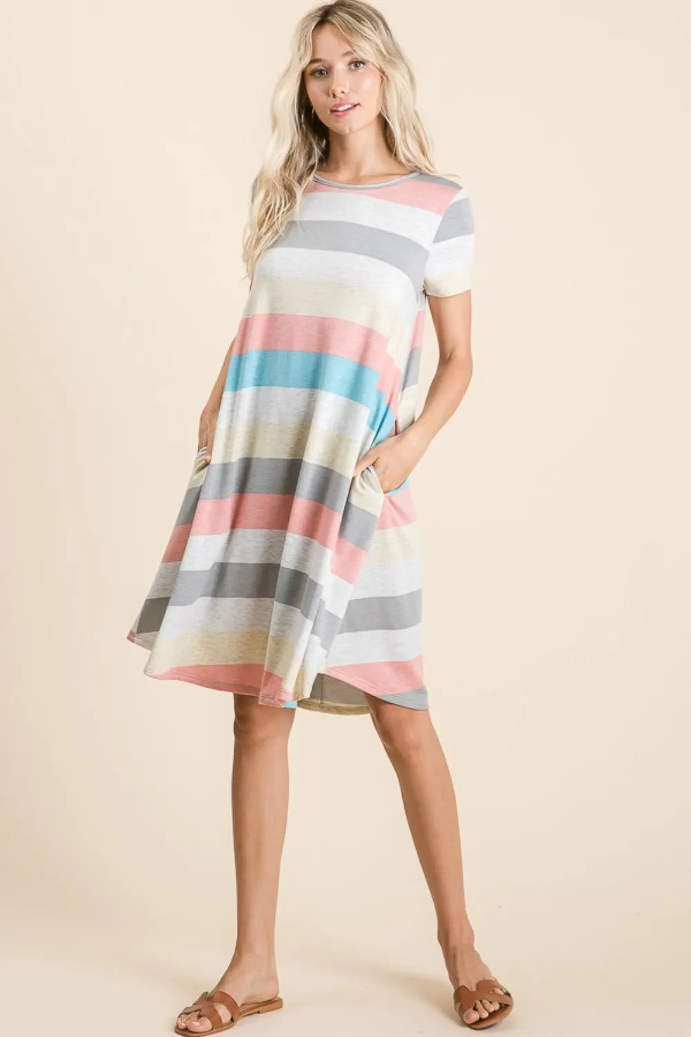 Image of BOMBOM Striped Short Sleeve Dress with Pockets | Queeble.shop