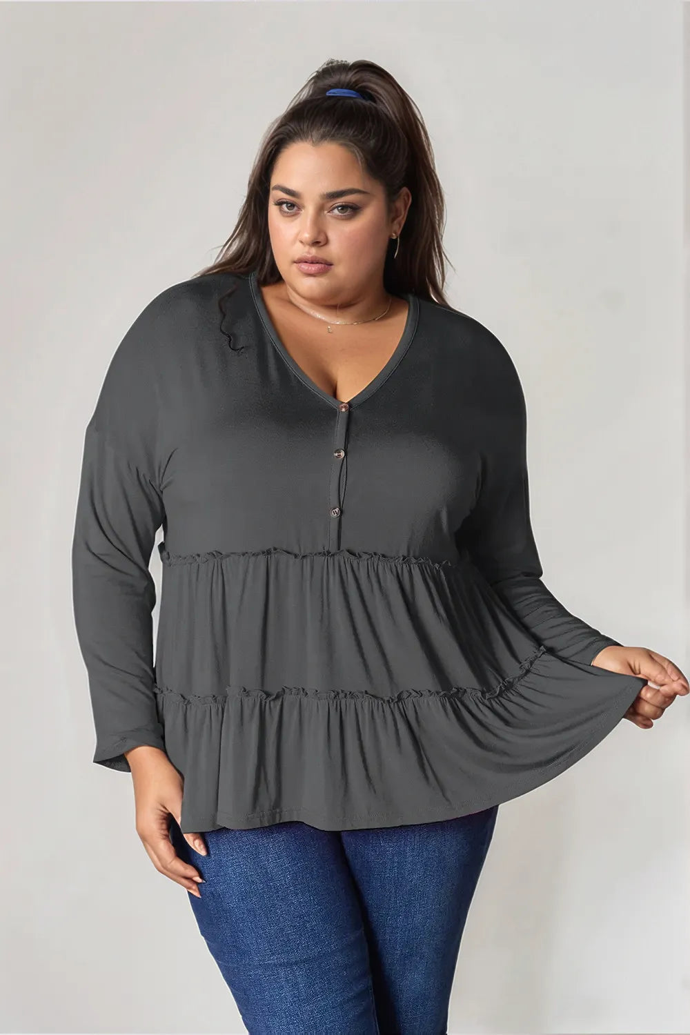 Image of Double Take Half Button Long Sleeve Ruffle Hem Blouse | Queeble.shop