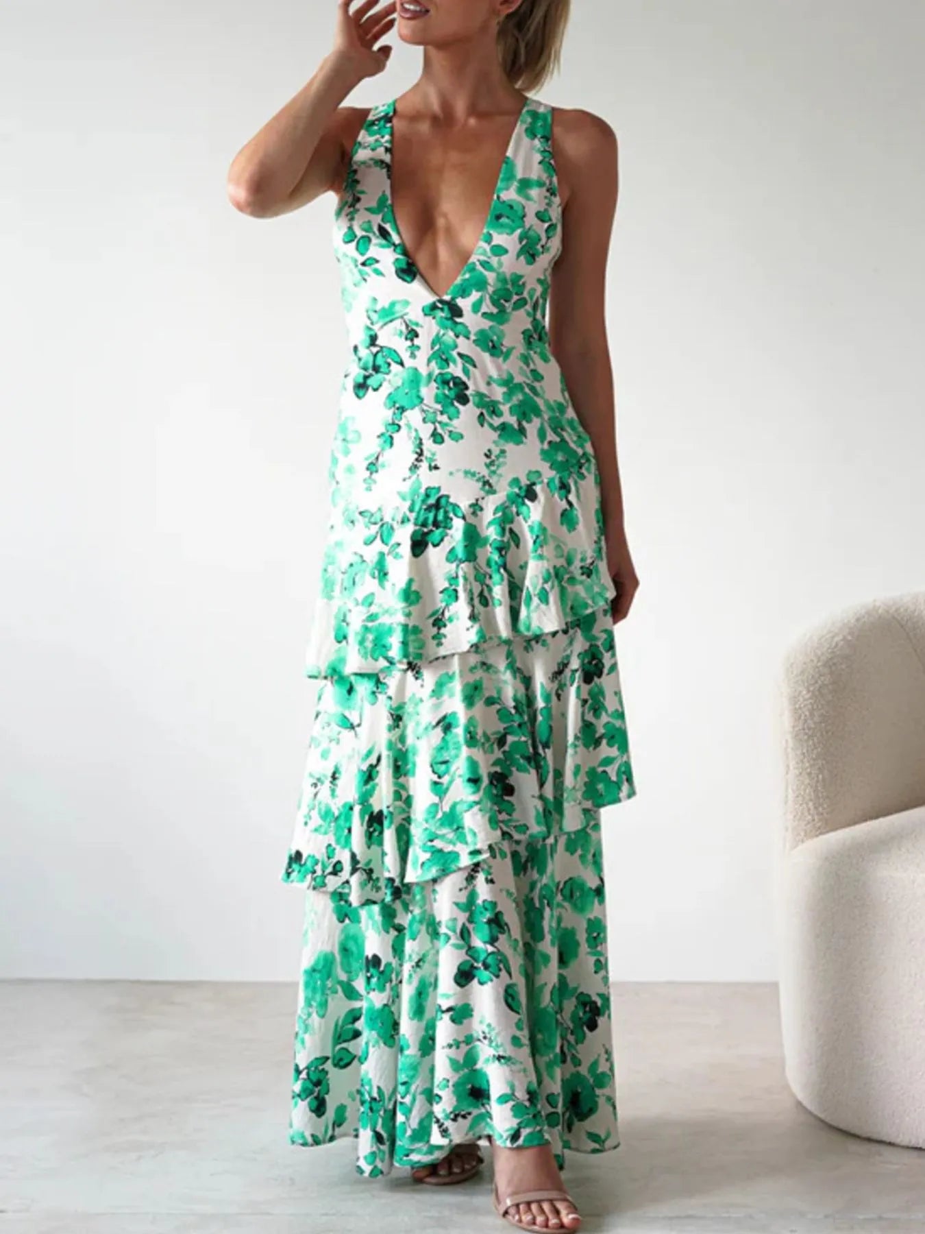 Image of Ruffled Layered Floral Deep V-Neck Dress | Queeble.shop