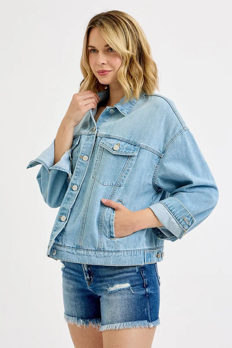 Image of RISEN Washed Dropped Shoulder Denim Jacket | Queeble.shop