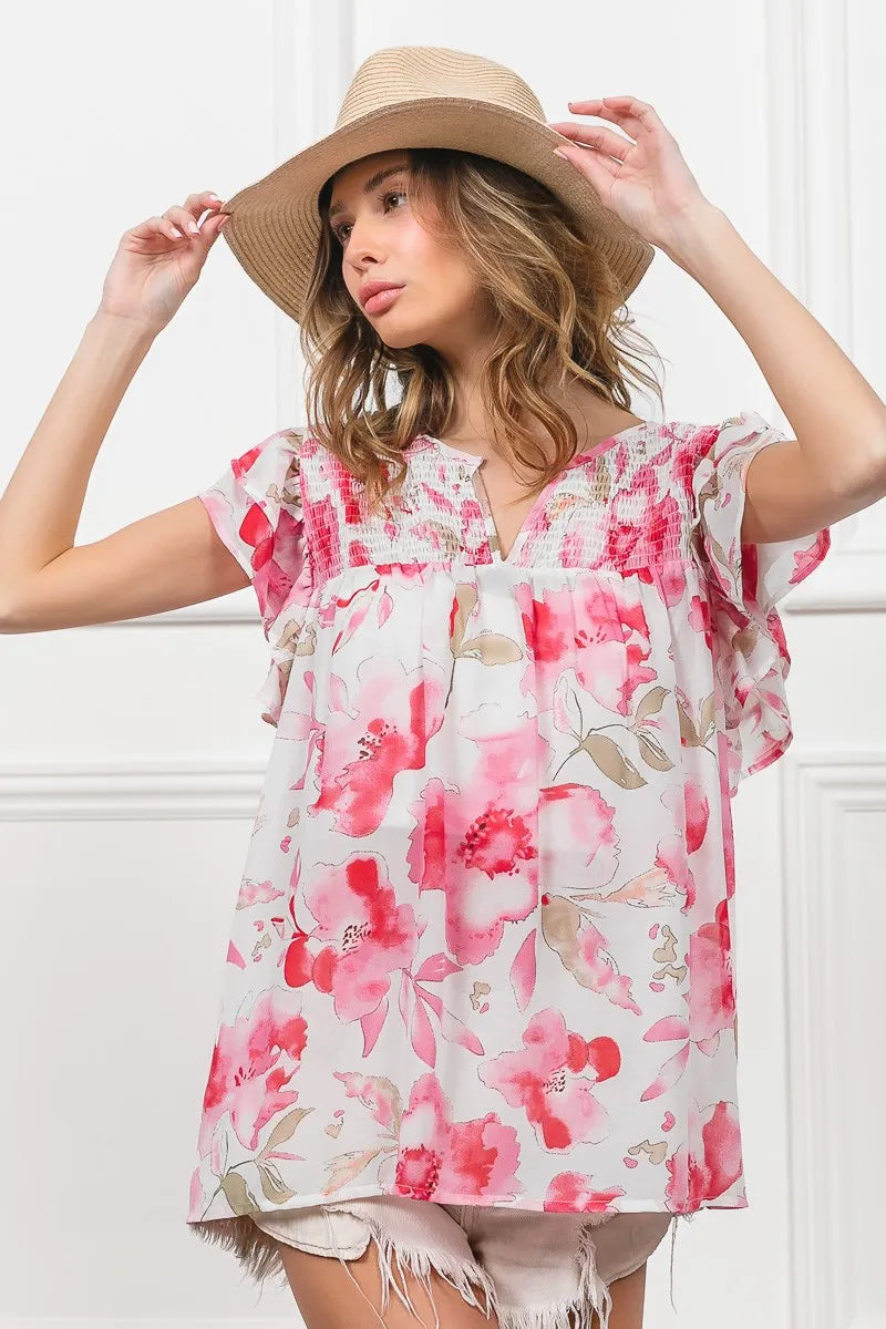 Image of BiBi Floral Print Flutter Sheer Top | Queeble.shop