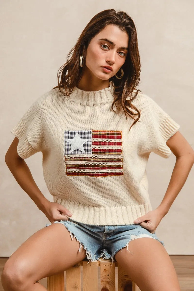 Image of BiBi American Flag Patchwork Drop Shoulder Sweater | Queeble.shop