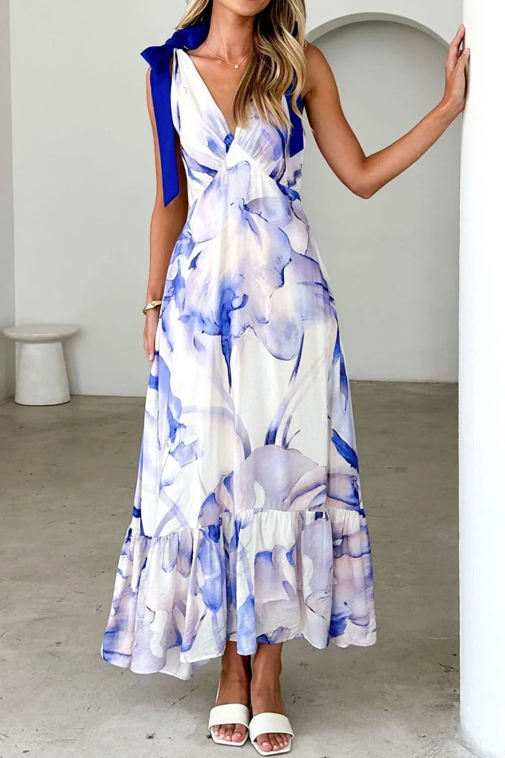 Image of Printed V-Neck Tie Shoulder Midi Cami Dress | Queeble.shop