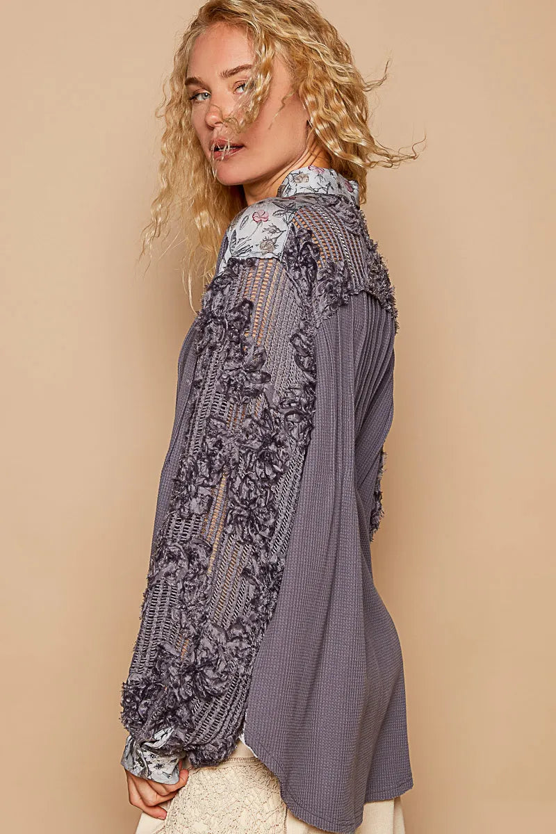 Image of POL Floral Half Button Lace Detail Long Sleeve Top | Queeble.shop