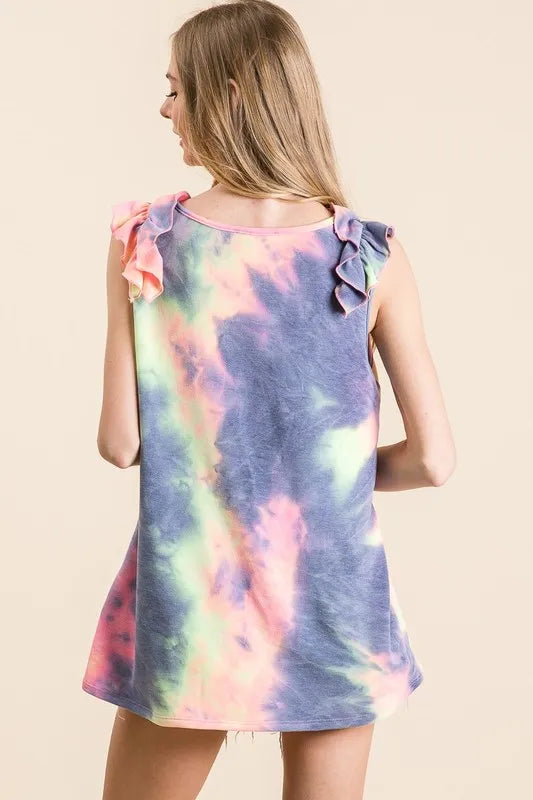 Image of BiBi Tie Dye French Terry V Neck Top with Ruffle | Queeble.shop