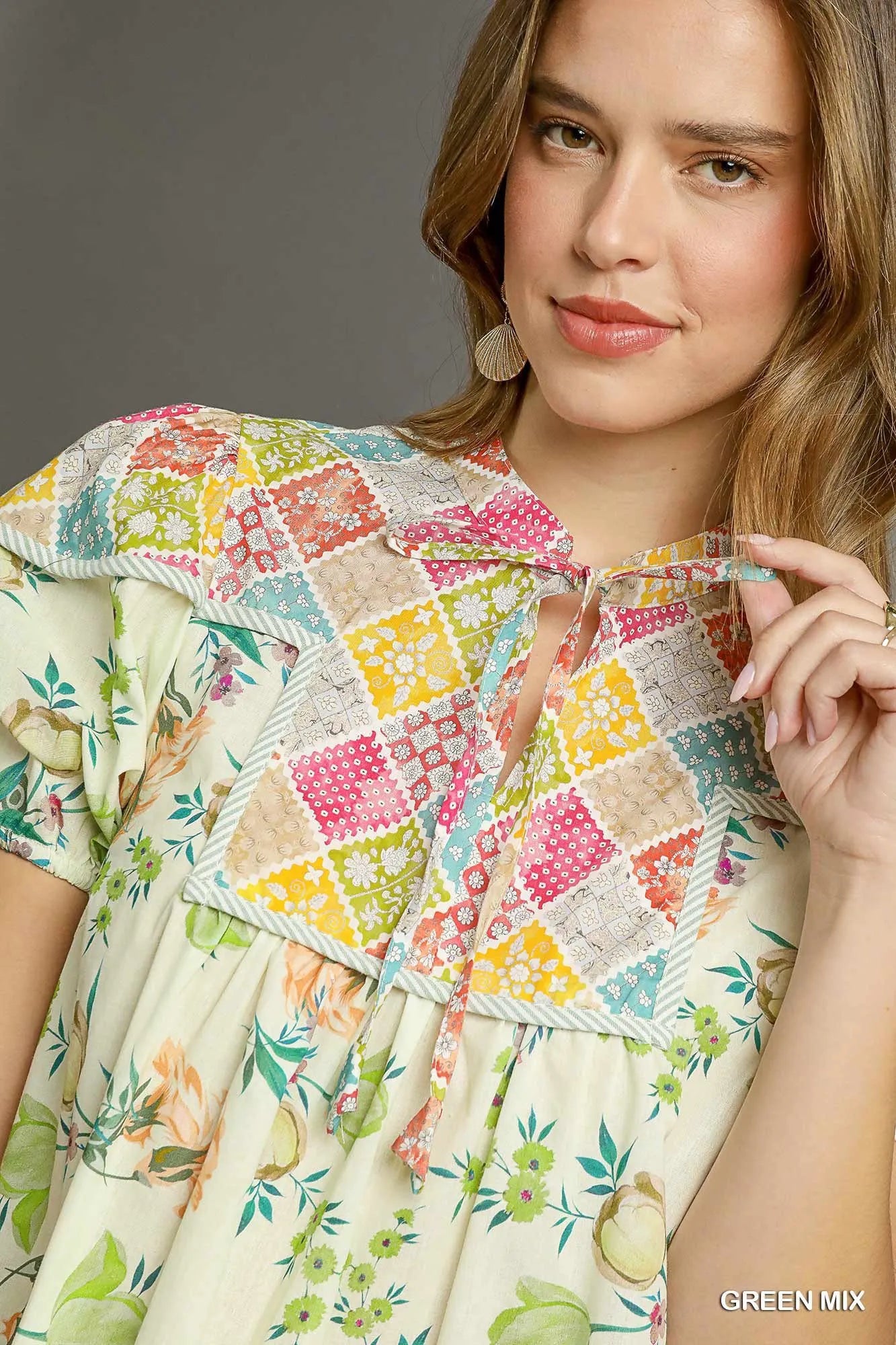 Image of Umgee Floral Print Tie Neck Puff Sleeve Dress | Queeble.shop