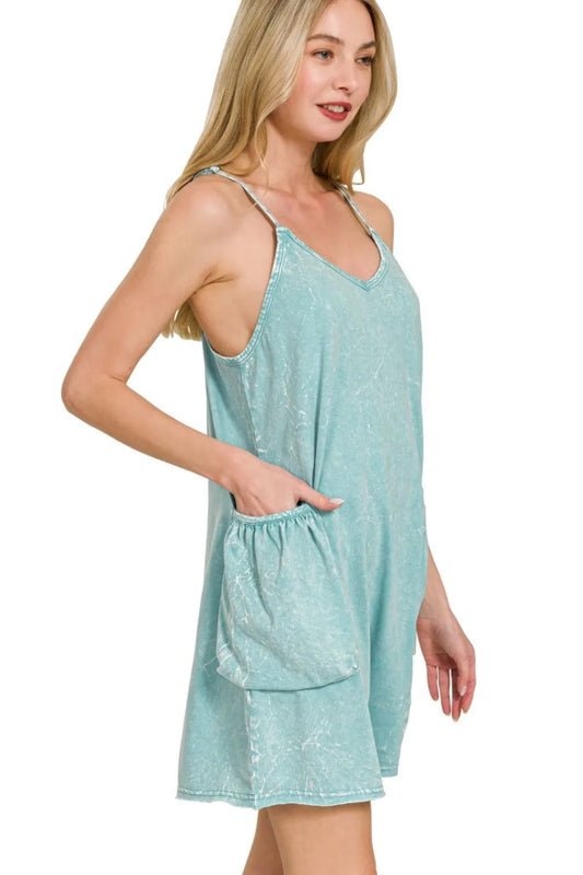 Image of Zenana Acid Crinkle Washed Spaghetti Strap Romper | Queeble.shop