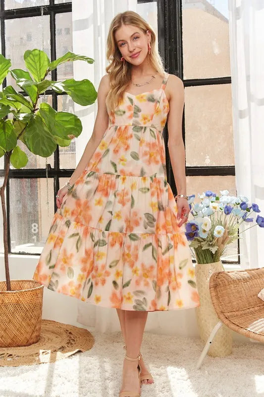 Image of ADORA Smocked Back Floral Adjustable Strap Midi Dress | Queeble.shop