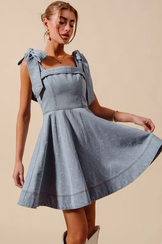 Image of SO ME A Line Fit and Flare Diamond Bow Ribbon Denim Dres | Queeble.shop