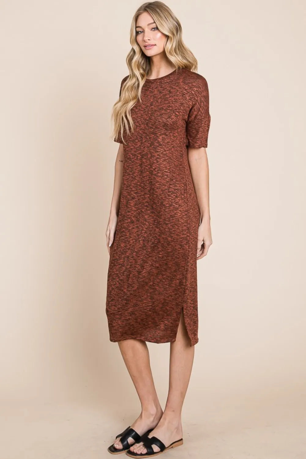 Image of BOMBOM Round Neck Side Slit Midi Dress | Queeble.shop
