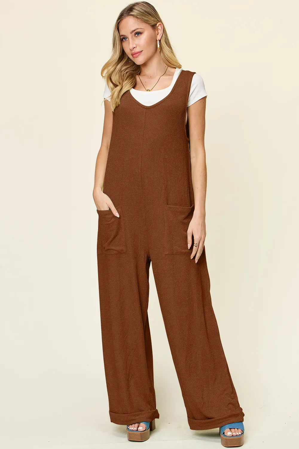 Image of Double Take Full Size Texture Sleeveless Wide Leg Jumpsuit | Queeble.shop