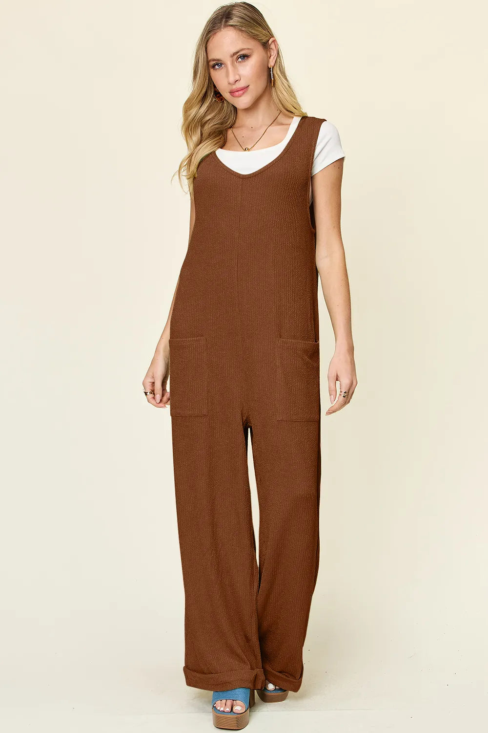 Image of Double Take Full Size Texture Sleeveless Wide Leg Jumpsuit | Queeble.shop