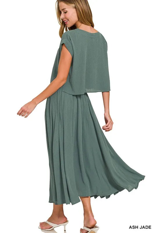 Image of Zenana Woven Crinkle Gauze Crop Tee and Skirt Set | Queeble.shop