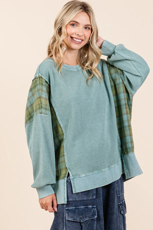 Image of Mittoshop Plaid Panel Mineral Wash French Terry Sweatshirt | Queeble.shop