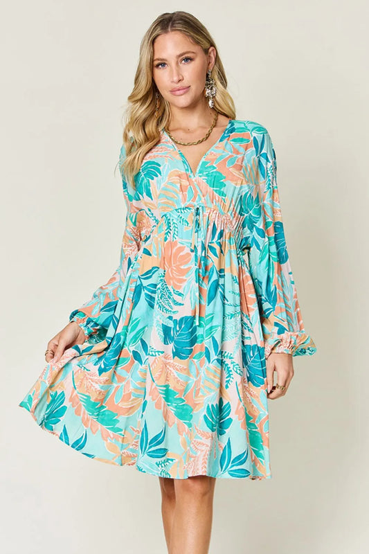 Image of Double Take Full Size Printed V-Neck Drawstring Dress | Queeble.shop