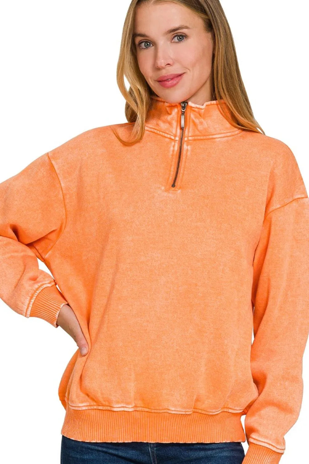 Image of Zenana Acid Wash Fleece Quarter Zip Pullover Sweatshirt | Queeble.shop