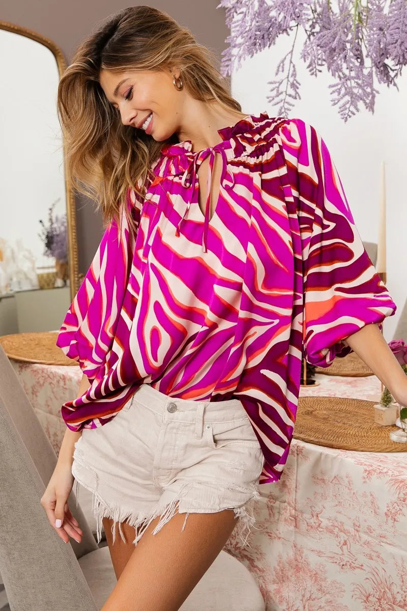 Image of BiBi Tied Neck Half Balloon Sleeve Zebra Satin Top | Queeble.shop