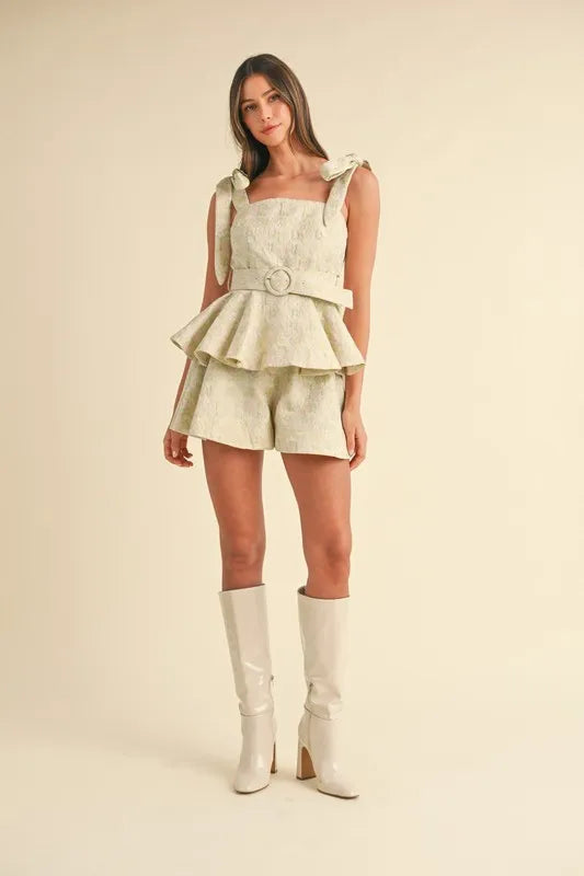 Image of MABLE Jacquard Floral Peplum Top and Flare Shorts Set | Queeble.shop