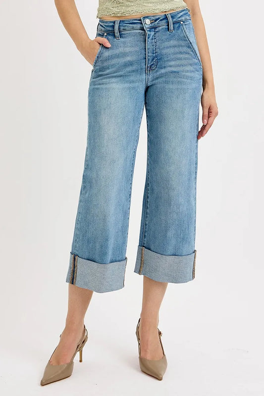 Image of RISEN Full Size Tummy Control High Rise Ankle Wide Cuffed Jeans Plus Size | Queeble.shop