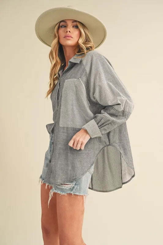 Image of Aemi + Co Striped Collared Neck Lantern Sleeve Shirt | Queeble.shop