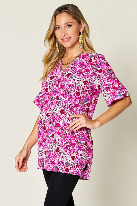 Image of Double Take Full Size Printed V-Neck Short Sleeve Blouse | Queeble.shop