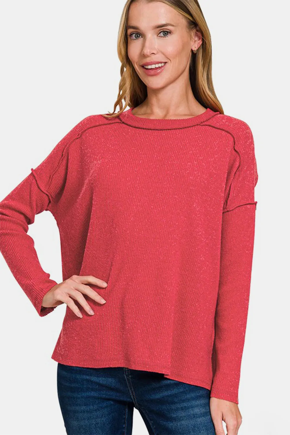 Image of Zenana Full Size Exposed Seam Brushed Round Neck Sweater | Queeble.shop