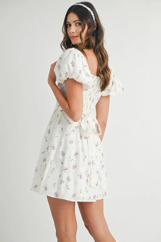 Image of MABLE Floral Print Puff Sleeve Mini Dress | Queeble.shop