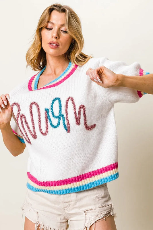 Image of BiBi Metallic Letter Short Puff Sleeve Sweater | Queeble.shop
