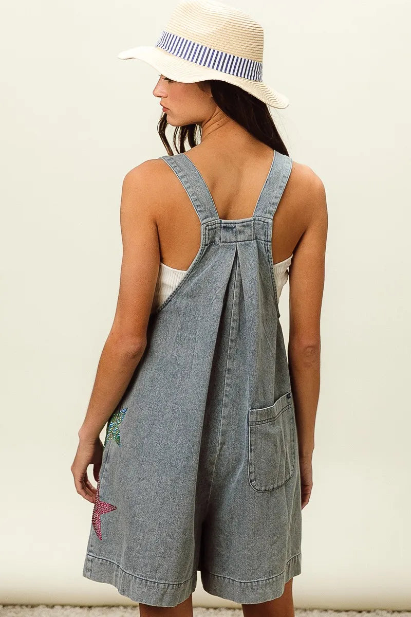 Image of BiBi Star Rhinestone Washed Wide Leg Shortalls | Queeble.shop