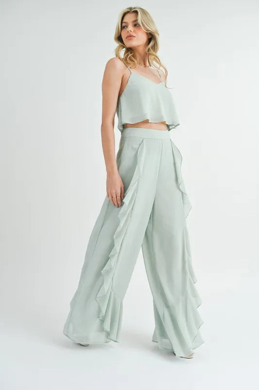 Image of MABLE Crop Cami and Ruffled Wide Leg Pants Set | Queeble.shop