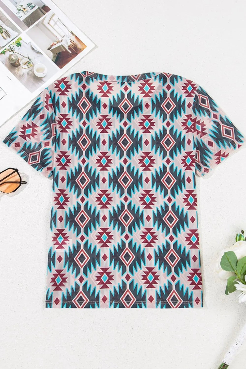Image of Western Aztec Print Mesh Slim T Shirt | Queeble.shop