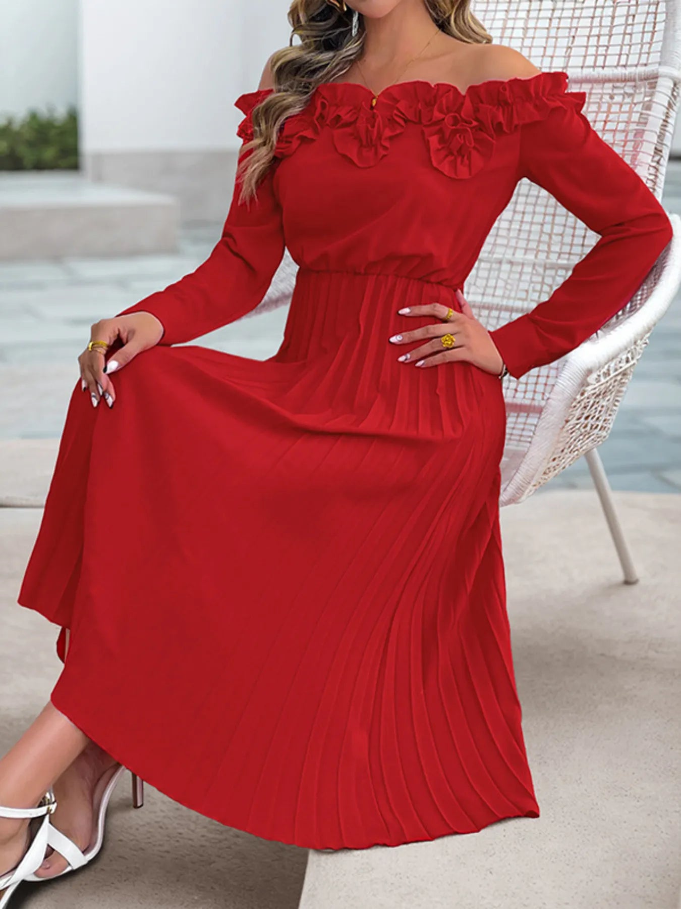 Image of Off-Shoulder Ruffle Pleated Midi Dress | Queeble.shop