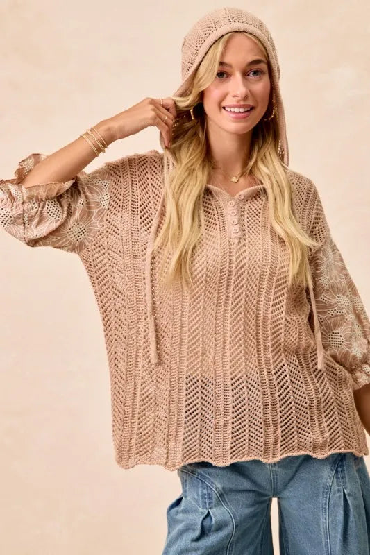 Image of BiBi Jacquard Flower Puff Sleeve Hooded Knit Top | Queeble.shop